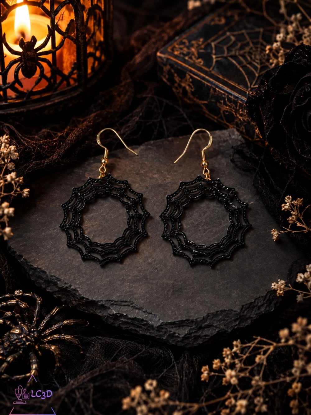 Black Spiderweb Circle Drop Earrings